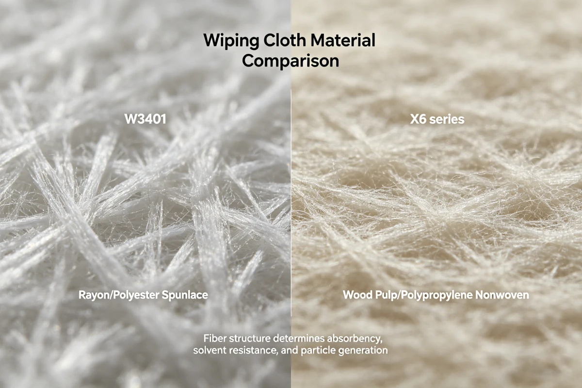 Close-up comparison of wiping cloth materials: rayon/polyester spunlace vs wood pulp/polypropylene nonwoven texture
