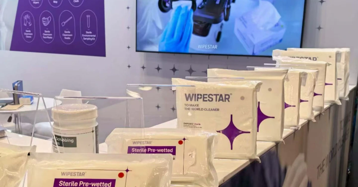 WIPESTAR sterile products display at INTERPHEX 2026 — pre-wetted wipers, cleanroom swabs, sterile gloves for GMP environments