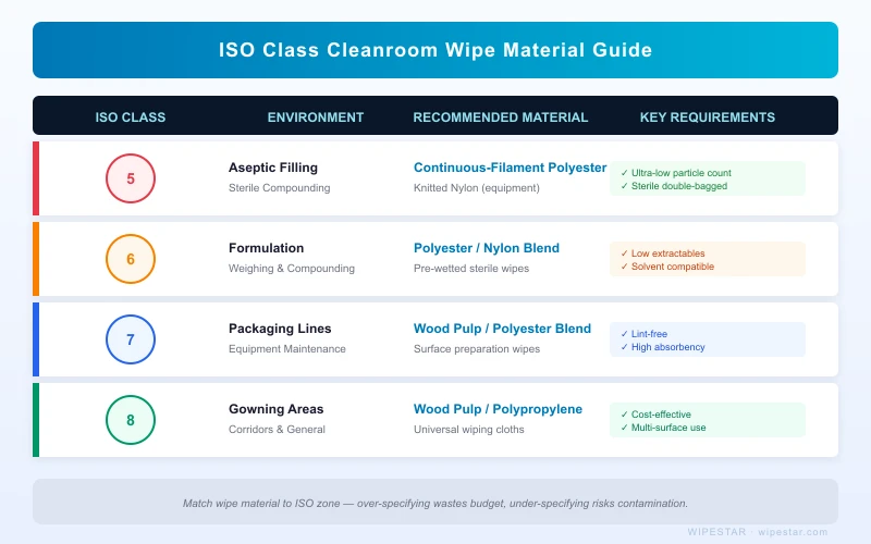 Comparison chart showing which cleanroom wipe materials are suitable for ISO Class 5, 6, 7, and 8 pharmaceutical environments