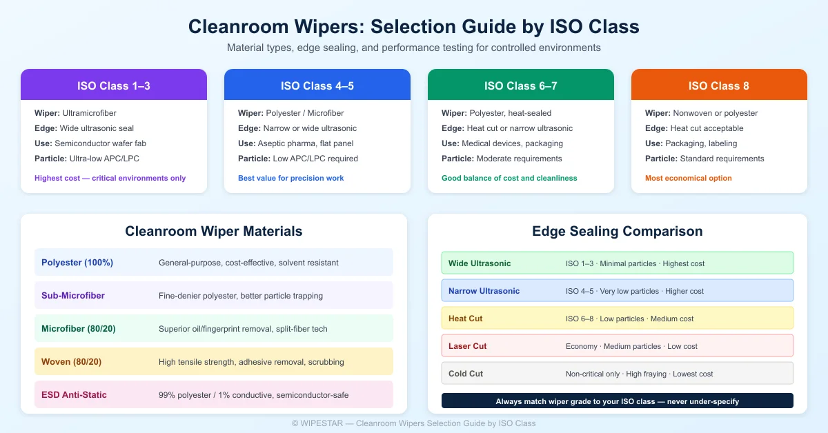 Cleanroom wipers arranged by ISO class — polyester, microfiber, and nonwoven options for semiconductor, pharmaceutical, and precision manufacturing applications
