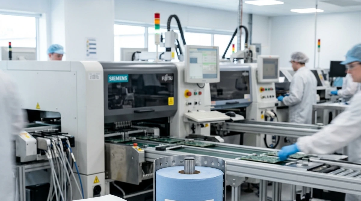 Zone-based ESD-safe wipe procurement in electronics factory showing different wipe types for wafer fabrication, chip packaging, SMT assembly, and general maintenance areas