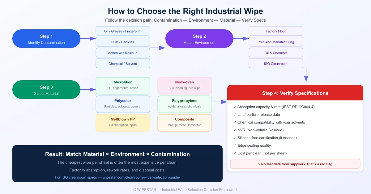 Industrial wipe selection decision flowchart — step-by-step guide matching contamination type, environment, material, and verification criteria to choose the right wipe