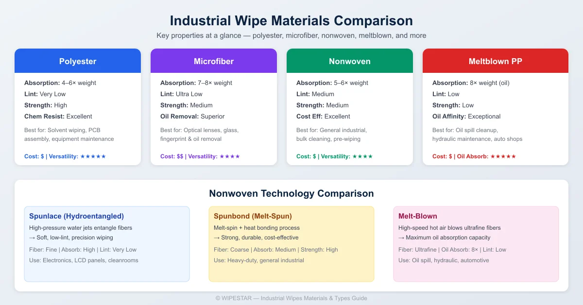 Comparison chart of industrial wipe materials — polyester, microfiber, nonwoven, and meltblown polypropylene showing absorption, lint level, strength, and best applications