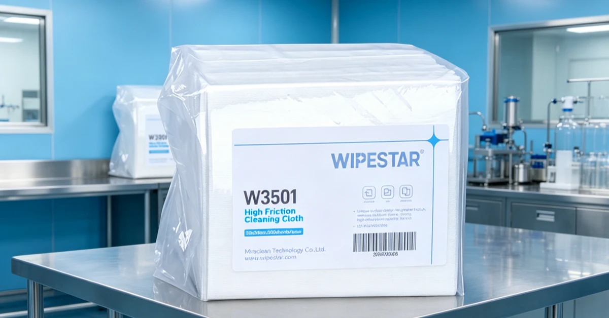 WIPESTAR cleanroom wipes being used in a pharmaceutical manufacturing ISO Class 7 cleanroom environment