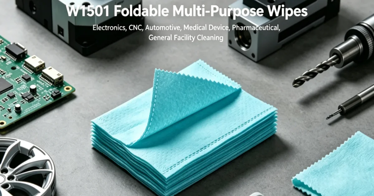W1501 foldable multi-purpose wipes used across manufacturing — electronics, CNC, automotive, medical device, pharmaceutical, and general facility cleaning applications