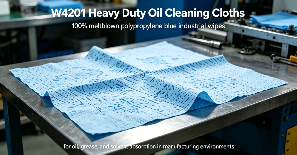 W4201 Industrial Oil Cleaning Cloth — 100% meltblown polypropylene blue wipes for oil, grease, and solvent absorption in manufacturing facilities