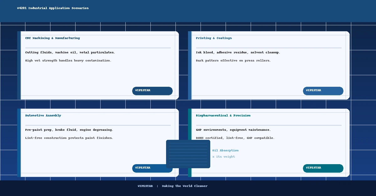 W4201 heavy duty oil cleaning cloth in use — absorbing machine oil and grease on CNC machinery, printing presses, and automotive parts
