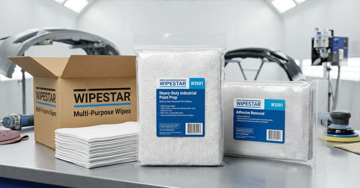 WIPESTAR surface preparation wipes W3501 heavy duty W3401 ultrasoft and W3301 mesh adhesive removal for industrial paint prep and coating